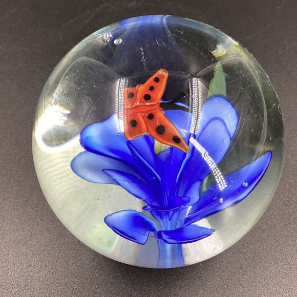 LSArts Art Glass Paperweight Blue with Red butterfly  Paper Weight - Picture 5 of 9